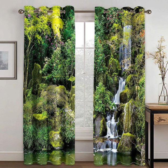 Yiran Furniture 3D Naturlandschaft Vorhänge mit tropischem Wald Motiv, 2 Paneele, Farbe: Grün, Material: Polyester, semi-transparent, Breite: 50 cm, Höhe: 130 cm - Bild 1