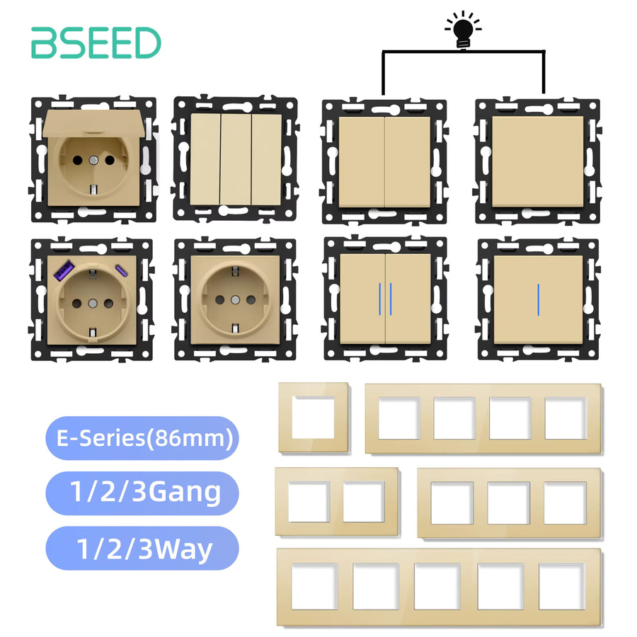 BSEED E-Serie Schaltermodul Kombination aus Drucktastenschalter und Wandsteckdose mit USB Typ-C und Anzeigeleuchte, Beige, 86mm - Bild 1