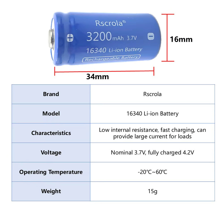 Rscrola Li-Ion Akku Set 16340 CR123A mit Ladegerät 3,2 V 3200 mAh Blau für Arlo Kameras und Taschenlampen - Bild 2