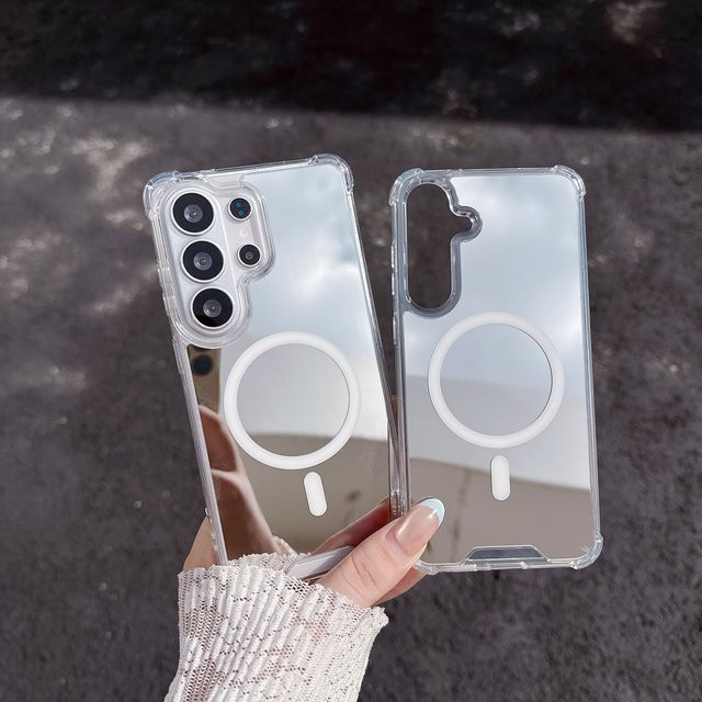 Luxuriöse Samsung Galaxy Handyhülle mit Magnetgehäuse und Make-up-Spiegel in Silber und Transparent - Bild 1