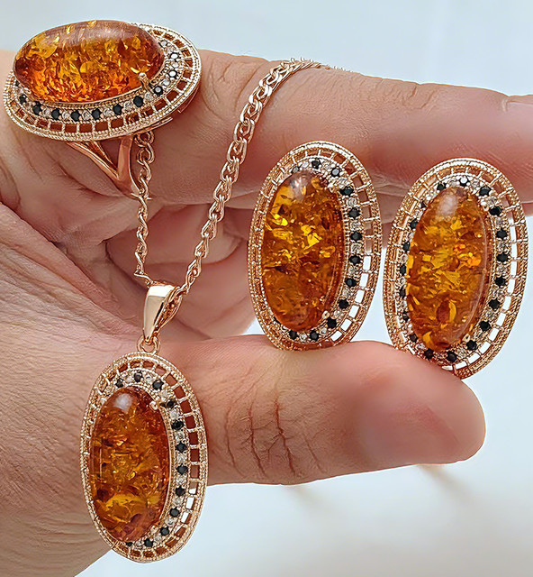 Kinel Schmuck-Set, Bernstein, Zirkonia, 585 Gold, Roségold, Damen - Bild 1
