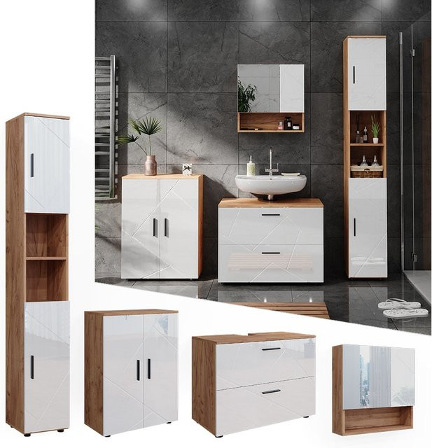 Vicco Badmöbelset Irma in Eiche und Weiß Hochglanz, modernes 4-teiliges Badezimmer-Set - Bild 1