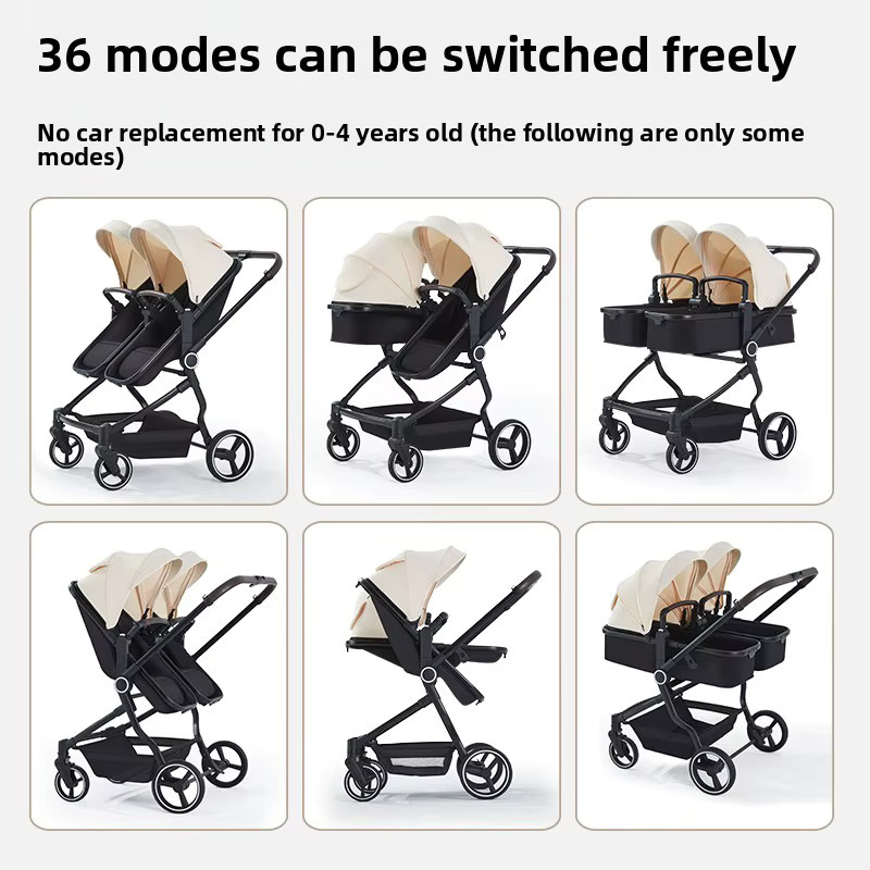 LUVCHAIN Multifunktionaler All-in-One Zwillingskinderwagen, klappbarer Doppel-Kinderwagen in Schwarz - Bild 3