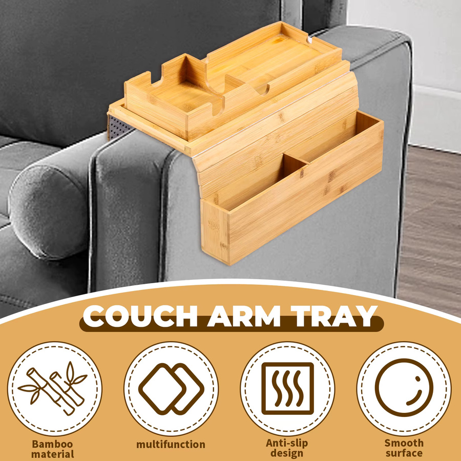 Willstar Couch-Getränkehalter aus Bambus in Braun, faltbares Sofa-Armlehnen-Tablett mit rutschfester Oberfläche und seitlicher Aufbewahrungstasche für Fernbedienungen und Snacks - Bild 2