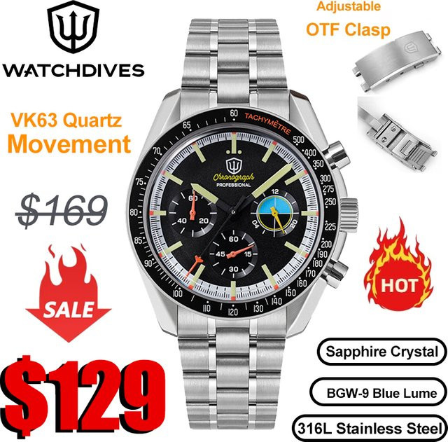 Watchdives Chronographenuhr, Quarz, Edelstahl, 39 mm, Schwarz, Unisex - Bild 1