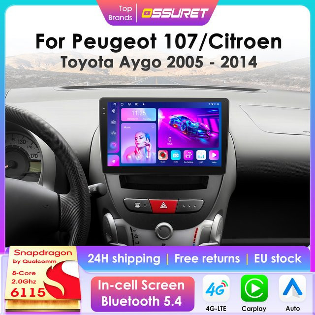 OSSURET Android Autoradio mit Carplay, 360 Kamera, GPS und 4G für Peugeot, Toyota Aygo und Citroen C1 in Schwarz - Bild 1