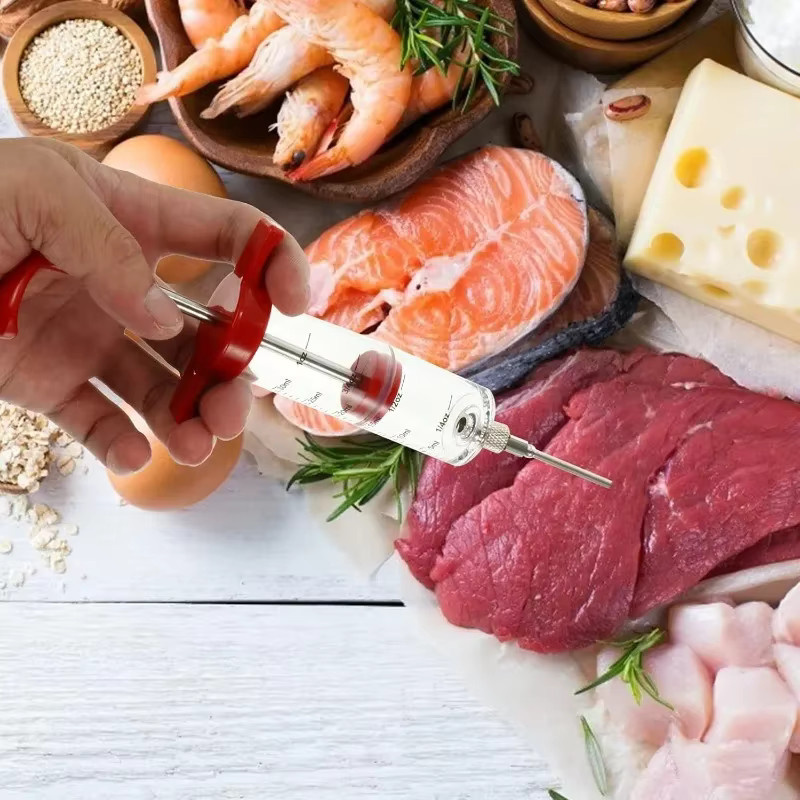 Edelstahl Fleischinjektor Set in Rot für BBQ, Grill und Braten inklusive Nadeln - Bild 2