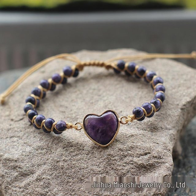 Damenarmband, rot-herzförmiger Redwood-Stein, amethyst, doppellagig geflochten - Bild 1