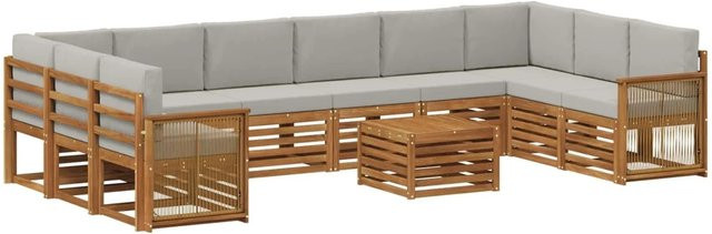 vidaXL Outdoor-Sofagarnitur in L-Form aus Akazienholz mit 8 Kissen in Natur und Hellgrau - Bild 1
