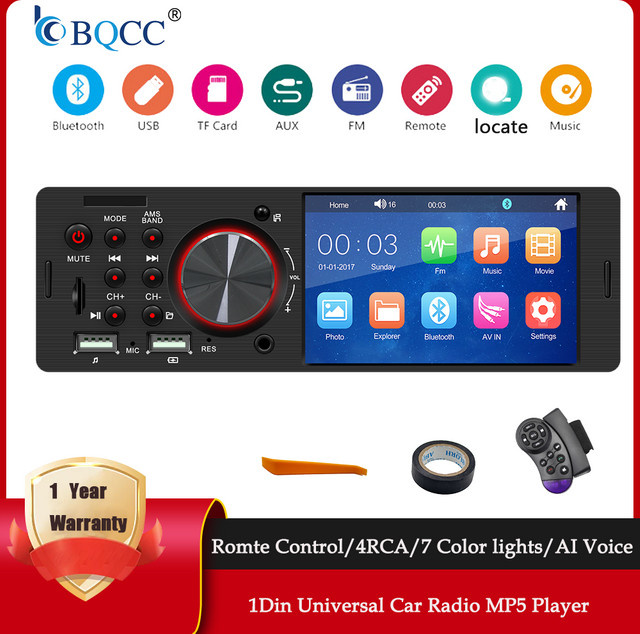 BQCC 1Din Autoradio mit 4,1 Zoll Touchscreen, Bluetooth, USB und 7-Farben-Beleuchtung in Schwarz/Multicolor - Bild 1