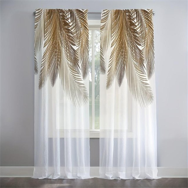 Yiran Furniture Voile-Jalousien aus Tüll mit goldenen Federn und Blättern, 2er-Set, transparent/weiß, B: 75 cm, H: 166 cm - Bild 1