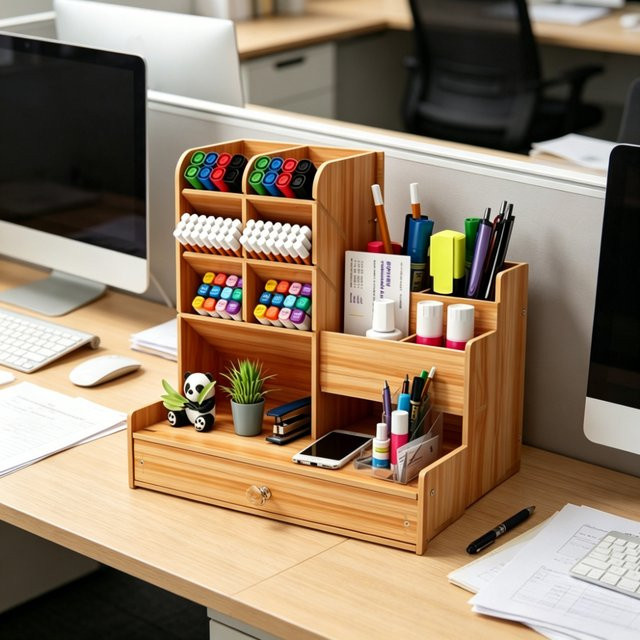 Multifunktionaler Schreibtisch-Organizer aus Holz in Braun mit mehreren Fächern für Büro und Schule - Bild 1
