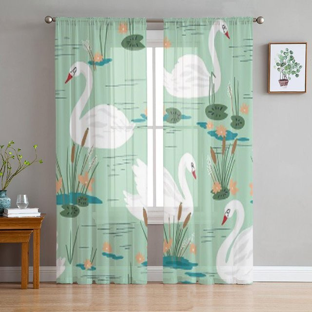 Super Six Voile-Organza-Vorhang mit Schwanen-Motiv in Weiß und Grün, B/H: 135 x 114 cm - Bild 1