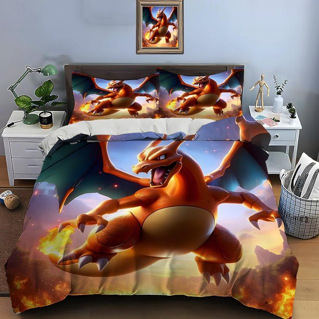 Pokémon Glurak Bettwäsche Set aus Mikrofaser mit Motivdruck, 3-teilig, Mehrfarbig, B/H: 228 x 228 cm - Bild 1