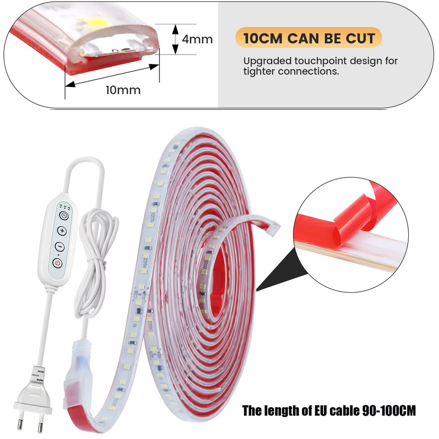 HEGEHE Dimmbarer LED-Streifen mit Timer und Selbstklebefolie, Wasserdichtes RGB SMD Bandlicht mit 120 LEDs, AC 220V, Farben: Rot, Grün, Blau, Weiß - Bild 6