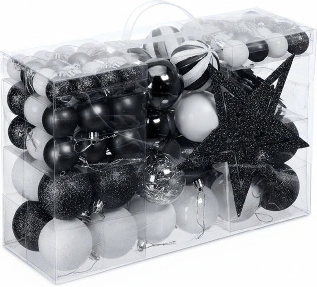 Relaxdays Weihnachtskugeln Set aus Kunststoff in Schwarz mit Herz, Stern und Schneeflocken Motiven, matt, glänzend und glitzernd - Bild 1