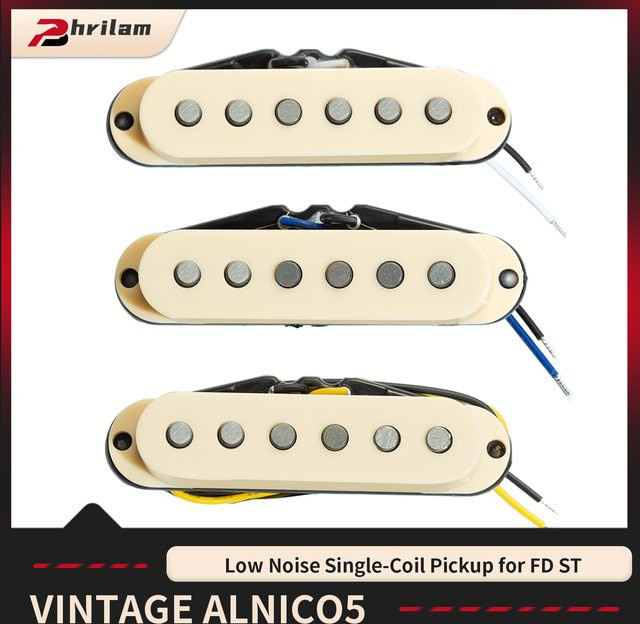 Phrilam Alnico 5 Single-Coil-Tonabnehmer Set für Fd ST Gitarren, 3 Stück (Hals/Mitte/Steg), flachpolig, Creme/Beige - Bild 1