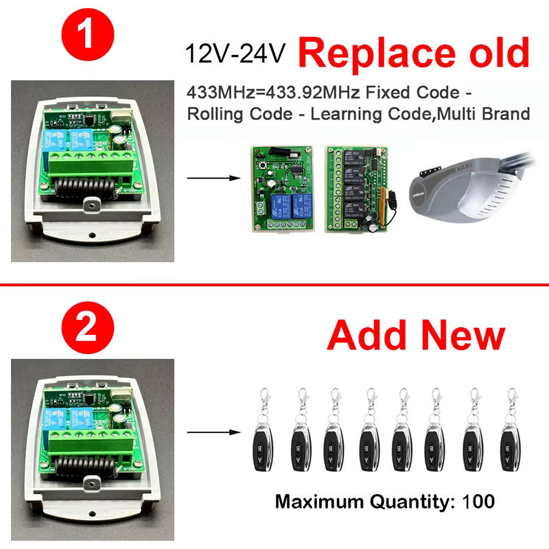 Garagentor Empfänger Controller 433,92 MHz für BFT NIZZA KAM MHOUSE DOORHAN FORSA ROPER NOVOFERM NORMSTAHL CARDIN, 12V-24V AC/DC - Bild 2