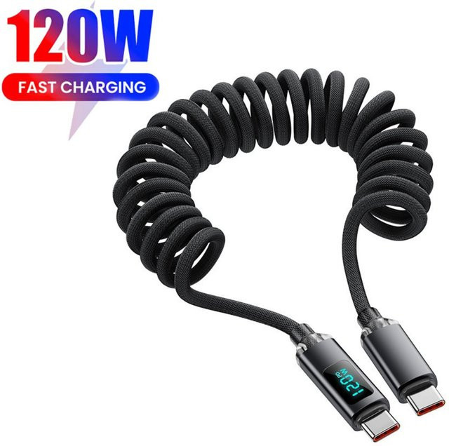 Einziehbares USB-C auf Typ-C Schnellladekabel mit Digitalanzeige und 120 W Leistung in Schwarz oder Rot - Bild 1