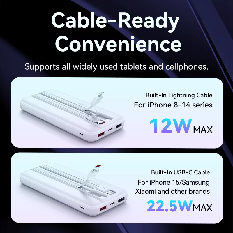 Vention Powerbank 10000mAh mit integriertem Kabel und 22,5W Schnellladefunktion für iPhone, Tragbares Ladegerät in Schwarz oder Weiß - Bild 2