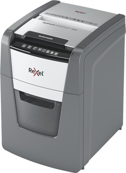 Rexel Optimum AutoFeed+ 100X Aktenvernichter in Schwarz und Grau mit Partikelschnitt 4 x 28 mm, 100 Blatt Schnittleistung und 34 l Fassungsvermögen - Bild 1