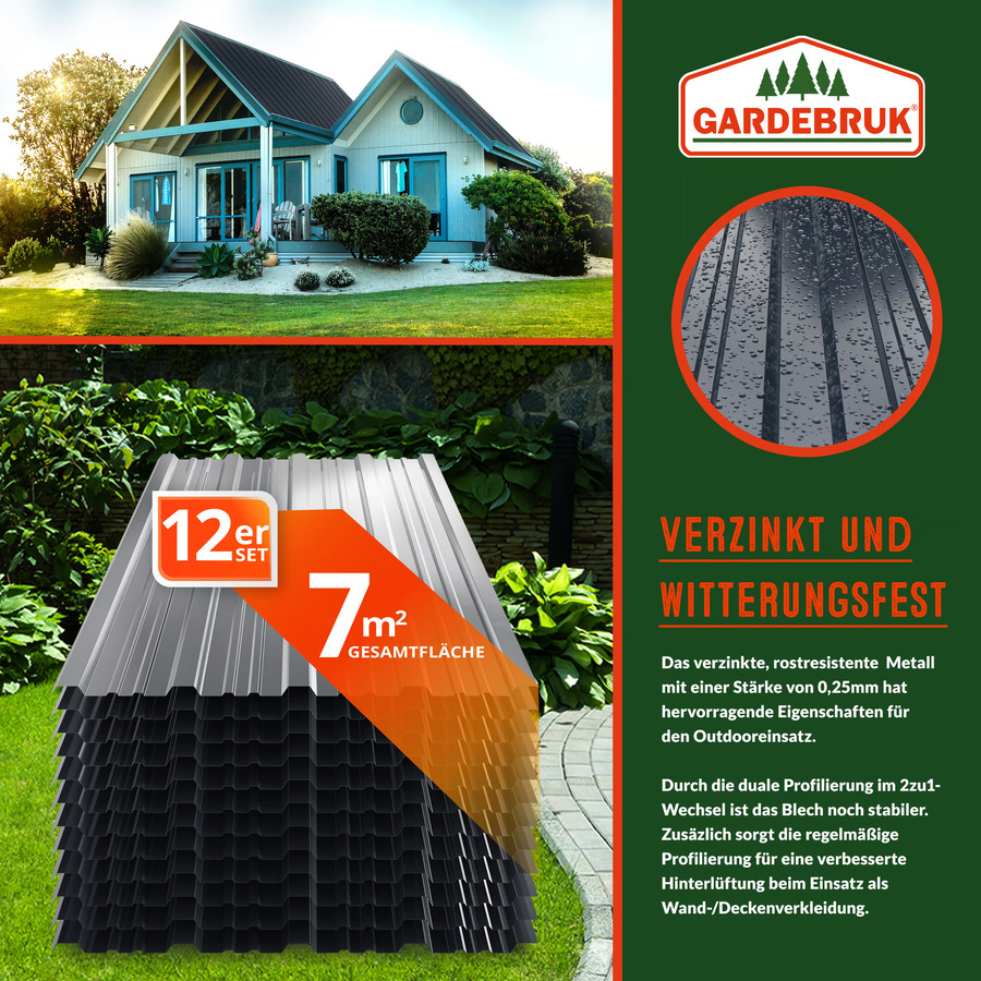 GARDEBRUK Trapezblech Set 12er Set Anthrazit aus verzinktem Stahl, B: 129 cm, H: 46 cm, 7 m² - Bild 2