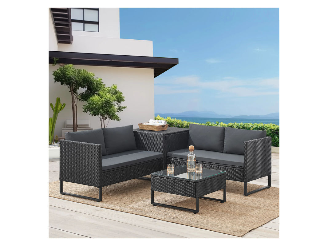 Juskys Polyrattan Lounge Santorini Outdoor Sitzecke in L-Form mit Auflagenbox und Polsterkissen, Schwarz/Grau - Bild 2