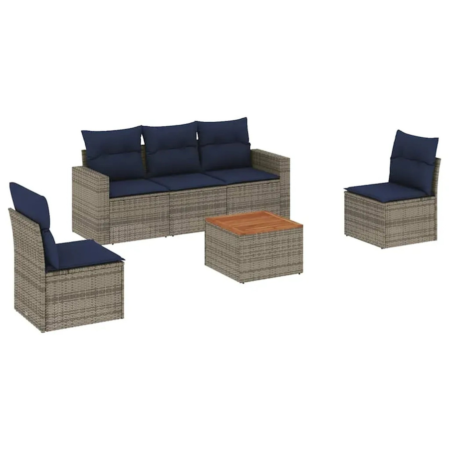 vidaXL 6-teilige Garten-Sofagarnitur aus Poly-Rattan und Akazienholz in Grau mit Kissen - Bild 2