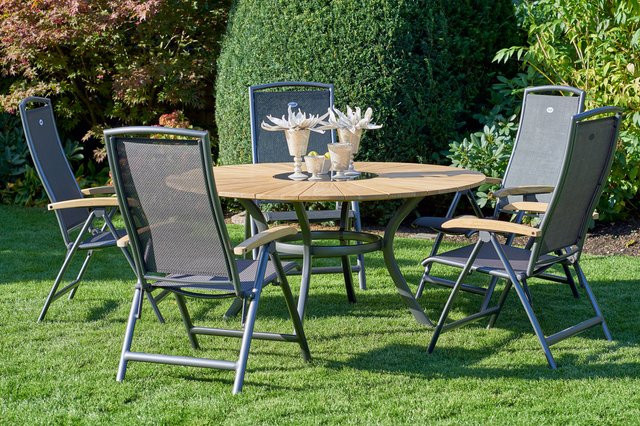 Hartman Provence Raffaelo Garten-Essgruppe aus Aluminium und Teakholz in Anthrazit und Braun mit rundem Tisch Durchmesser: 150 cm, 5 Klappstühlen und integriertem Eiskühler - Bild 1