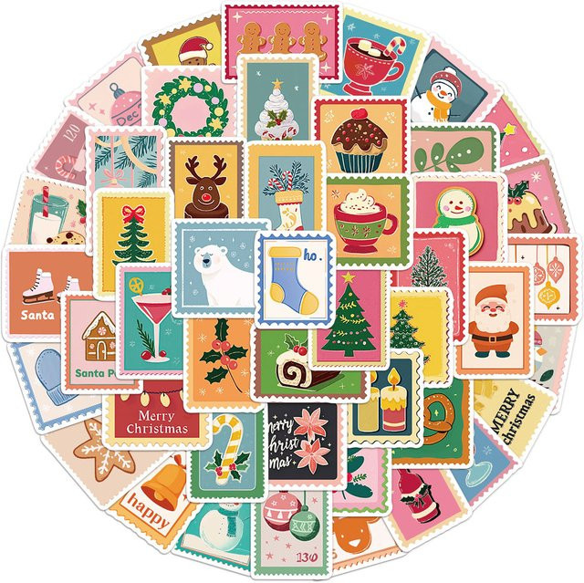 50 Stück Weihnachts Briefmarken Aufkleber mit Cartoon Motiven in Multicolour für DIY Dekoration von Brieftaschen, Sammelalben, Telefonhüllen, Laptops und Tablets - Bild 1