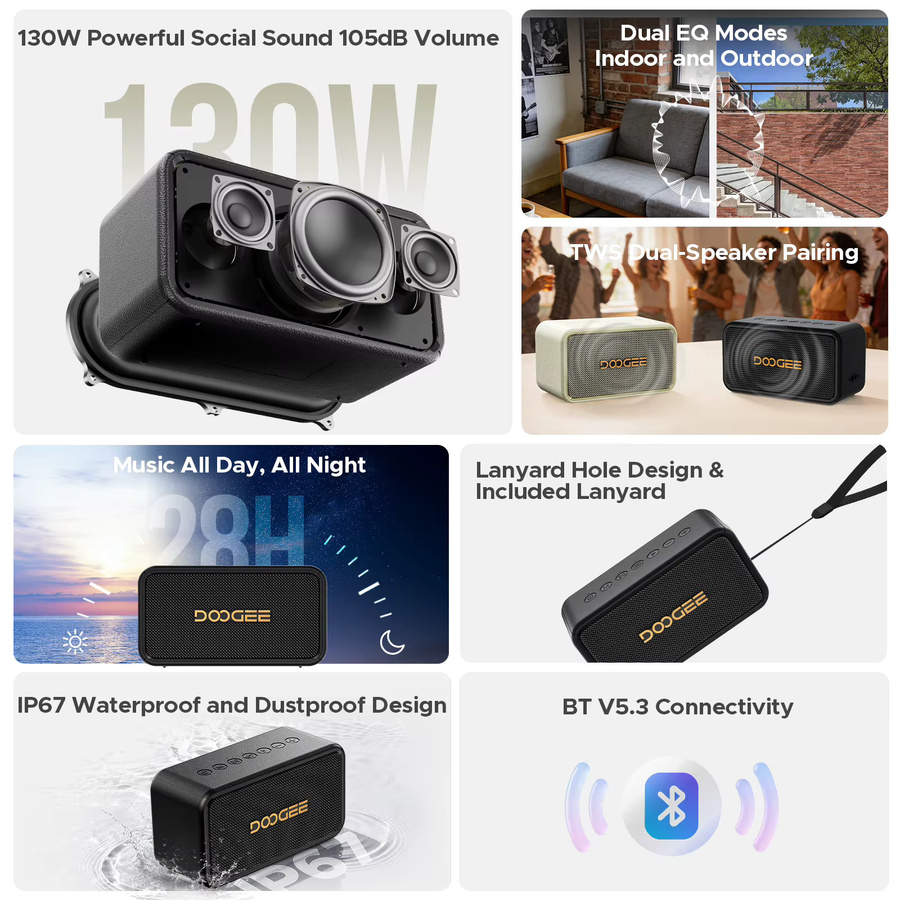 DOOGEE Field Rush Tragbarer Bluetooth-Lautsprecher mit 130W Maximaler Leistung, IP67 Wasserdicht, Black - Bild 1