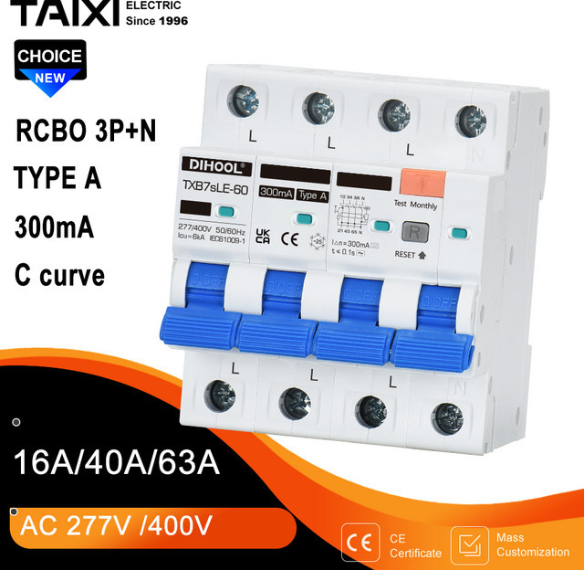 DIHOOL Typ A RCD RCBO Fehlerstrom-Schutzschalter 300mA 4P 3P-N für dreiphasige Vierleiter-Systeme - Bild 1