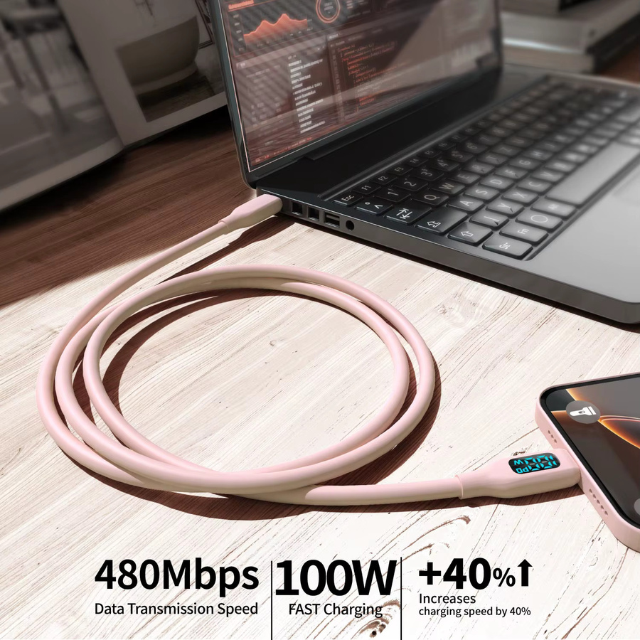 LAIHONEN 100 W USB-C-Schnellladekabel aus superflexiblem Silikon in Rosa für Telefon, Tablet und Laptop - Bild 3
