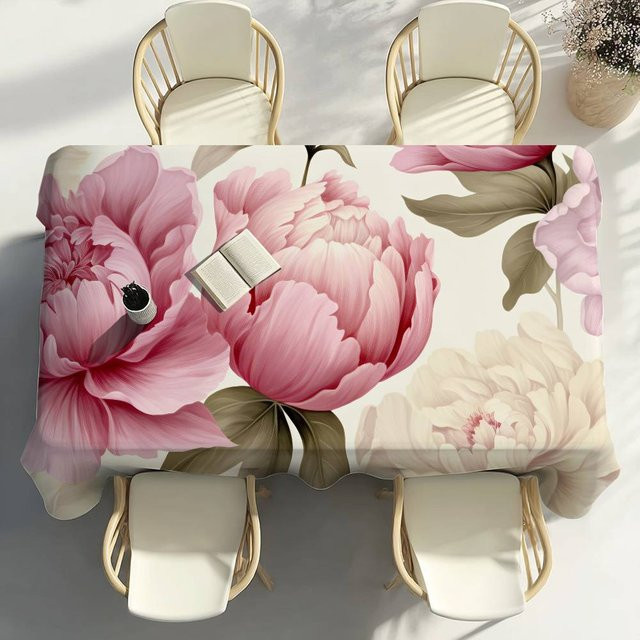 Wasserdichte und fleckenabweisende Tischdecke mit Pfingstrosen-Blumenmuster von Fancy Style Studio in Pink, B/T: 140 x 220 cm - Bild 1