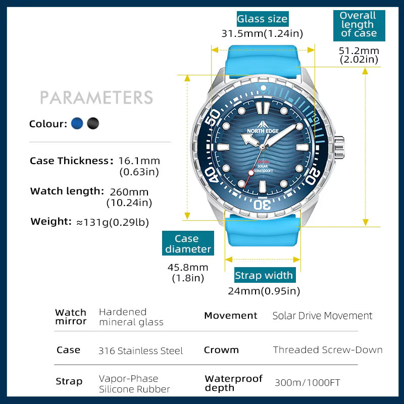 NORTH EDGE Taucheruhr, Solar, Edelstahlgehäuse, Silikonarmband, Herren - Bild 4