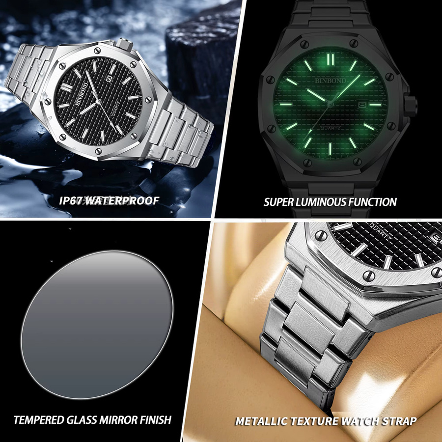 BINBOND Armbanduhr Quarz, Edelstahl, Schwarz, Silber, Herren - Bild 5