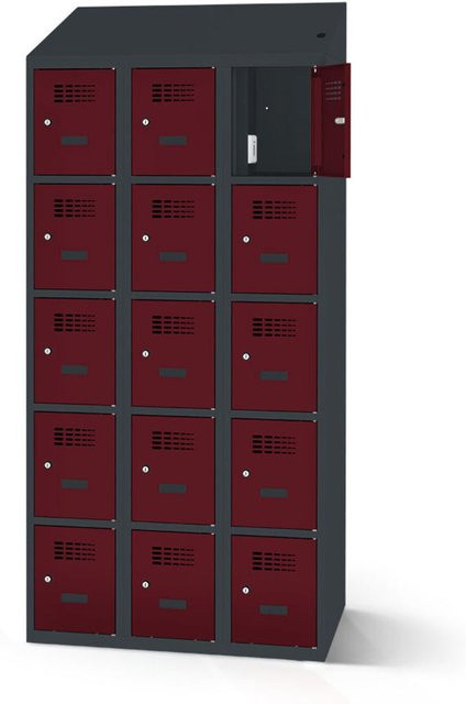 rotstahl Fächerschrank mit Ladefunktion und 15 Fächern in Bordeaux mit anthrazitgrauem Korpus, B: 120 cm, H: 200 cm - Bild 1