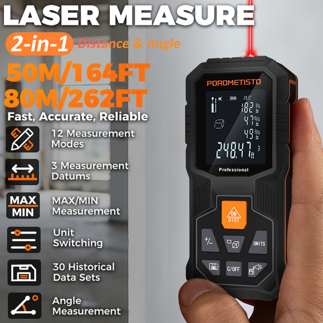 POROMETISTO 2-in-1 Laser-Entfernungsmesser mit 30 Datenspeicherplätzen und Winkelmessfunktion, Schwarz - Bild 1