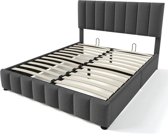KOMHTOM Doppelbett mit hydraulischem Stauraum und Metalllattenrost, gepolstert mit Leinenbezug, Grau, B/T/H: 140 x 200 x 153 cm - Bild 1