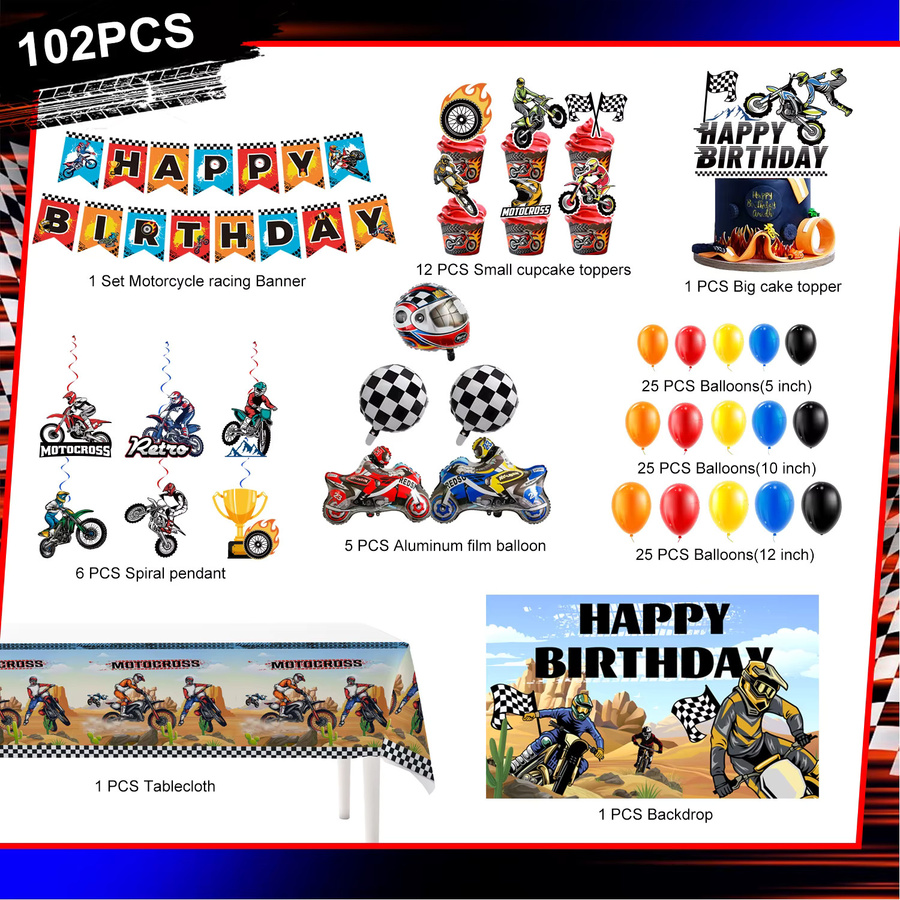 Potdemiel Motocross Geburtstag Party Dekorationsset mit 102 Teilen, Motocross Party Zubehör für Kinder in Mehrfarbig - Bild 6