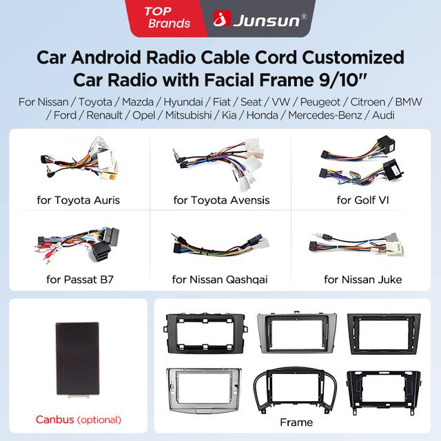 Junsun Auto Mittelkonsole Radio Rahmen und Kabel Set für 2 DIN 9 Zoll und 10 Zoll in Schwarz für Peugeot VW Citroen Fiat Renault Audi Benz BMW KIA Mazda Opel Ford - Bild 1