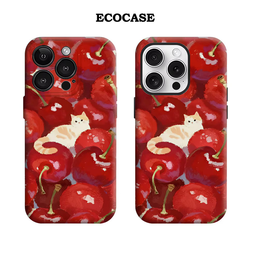 Potdemiel Handyhülle Cherry Cluster & Cream Tabby Cat für iPhone 17 16 15 14 13 Pro Max Plus mit doppelschichtiger Rückseite in Multicolor/Rot - Bild 2
