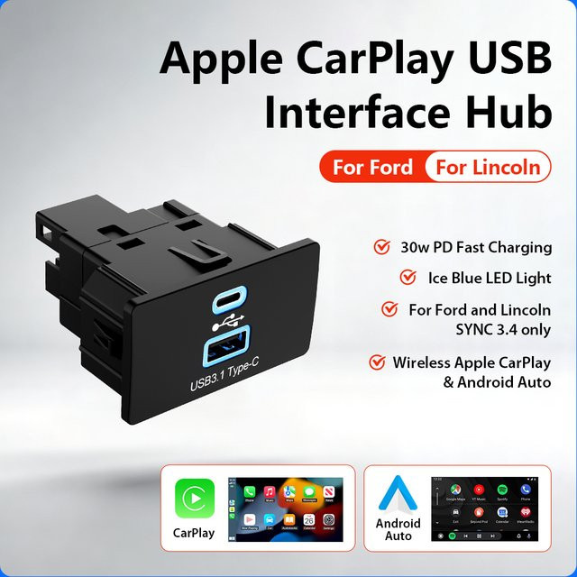 XUDA Wireless CarPlay und Android Auto Upgrade Modul mit 2 USB-C Anschlüssen für Ford und Lincoln Modelle in Schwarz - Bild 1