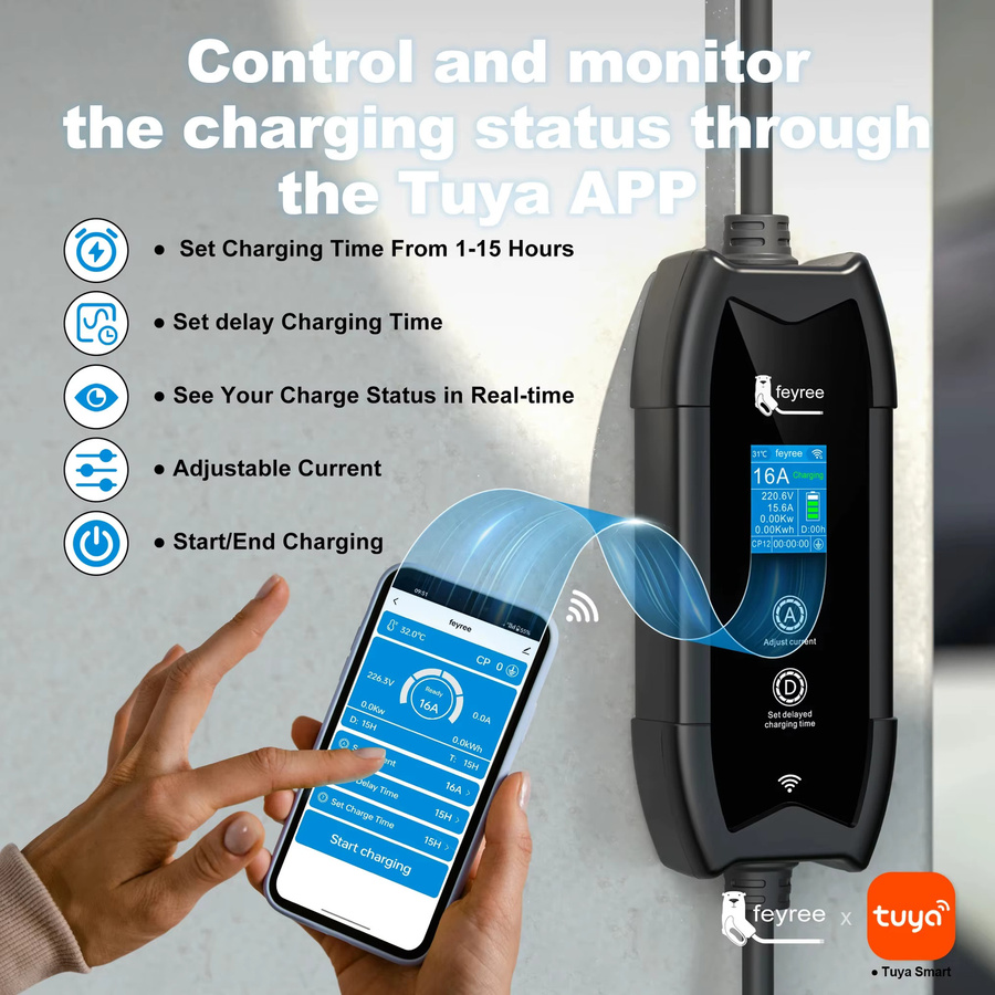 Feyree Typ2 EV-Ladegerät mit WLAN-App-Steuerung, 16A 3,5KW GBT, 5M Kabel, Tragbare Ladebox für Elektroautos in Schwarz - Bild 3