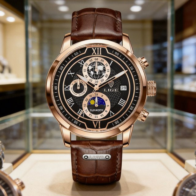 LIGE Armbanduhr Chronograph, Quarz, Leder, Schwarz, Roségold, Herren - Bild 1