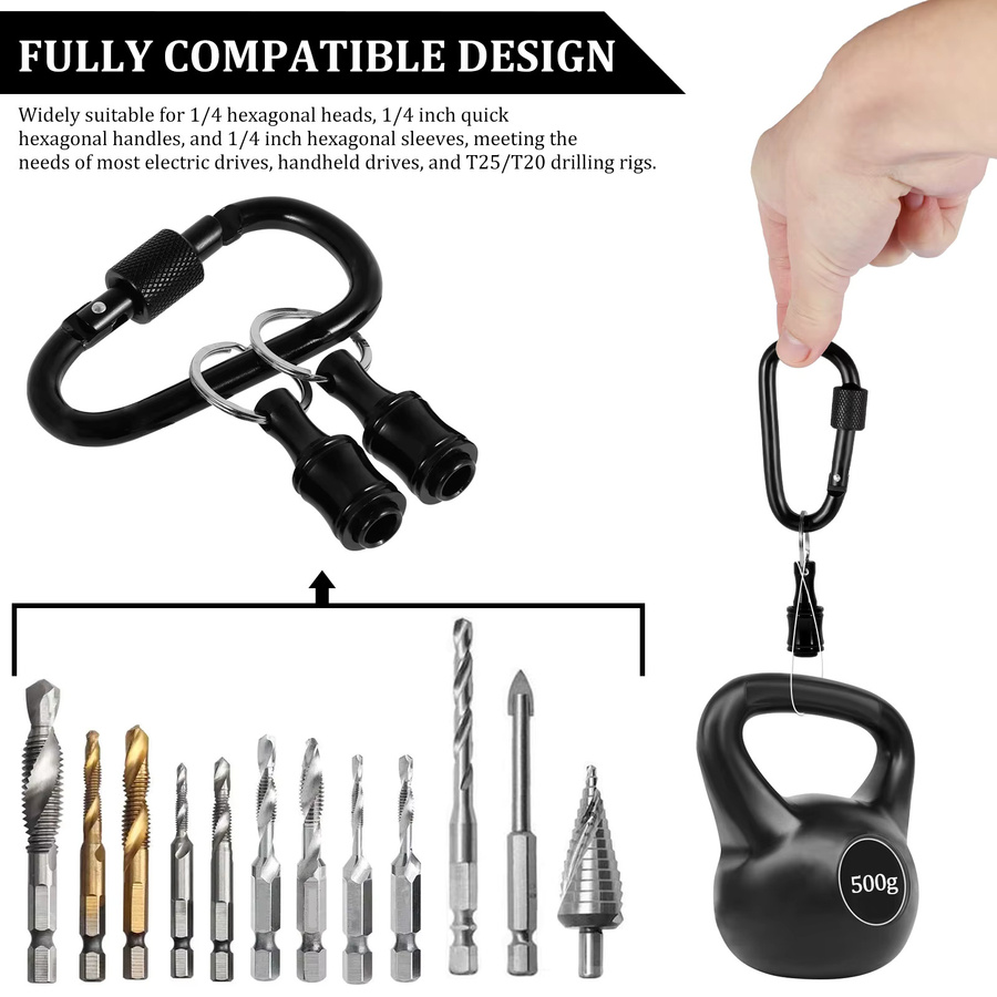 Toorise Bithalter Schlüsselanhänger aus Aluminiumlegierung in Schwarz, 1/4 Zoll Sechskantschaft für Schlagschrauber und Bohrer, 7/4er Set - Bild 4
