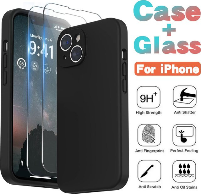2er-Set Apple iPhone Schutzhülle aus Silikon mit gehärtetem Glas für iPhone 15 14 13 12 11 Pro Max Mini XS XR X in Schwarz - Bild 1