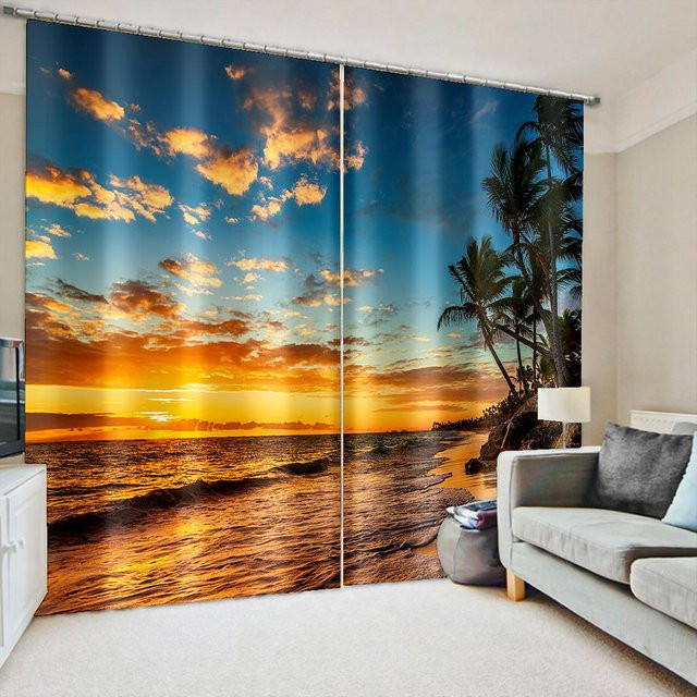 Yiran Furniture Vorhang Set mit Naturmotiv Sonnenuntergang Strand und Meer, 2er Pack halbtransparent Polyester, B: 70 cm, H: 185 cm - Bild 1