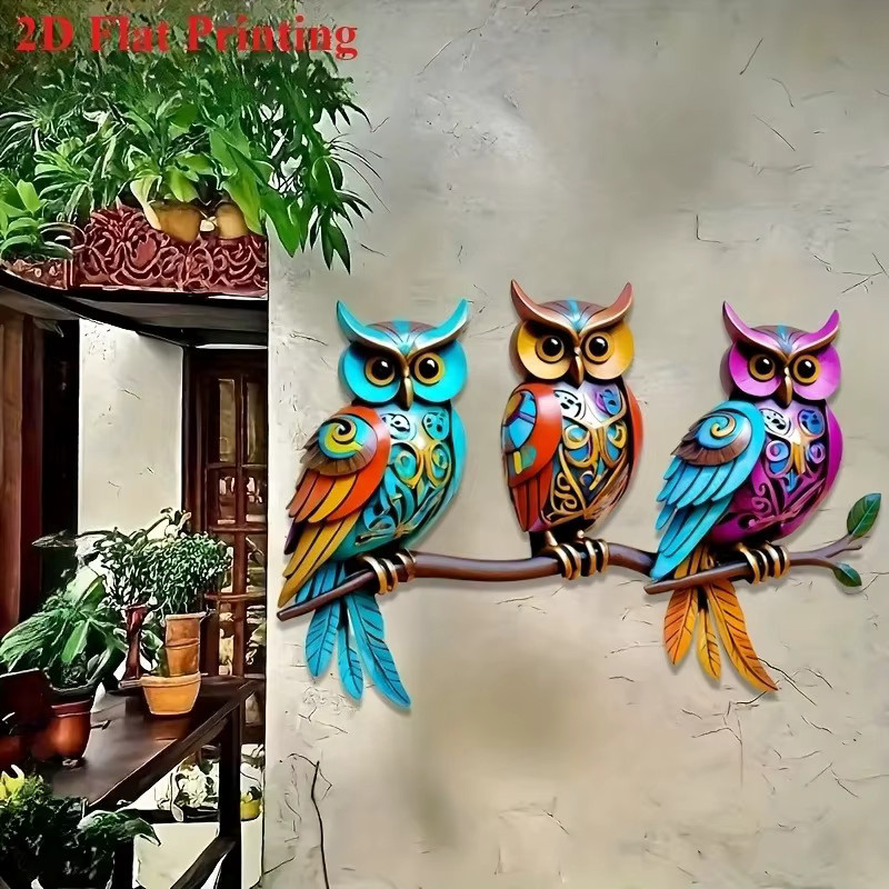 DDPNKL Wandkunst-Dekoration im Bohemian-Stil mit drei Eulen aus Metall, Mehrfarbig - Bild 2