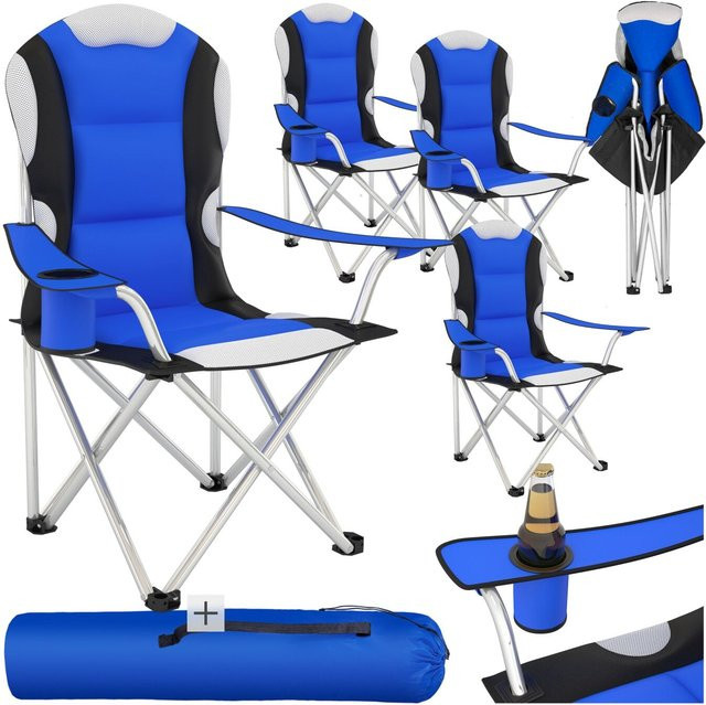 tectake 4er Set Campingstühle faltbar gepolstert mit Getränkehalter Blau B/T/H: 60 x 45 x 110 cm - Bild 1